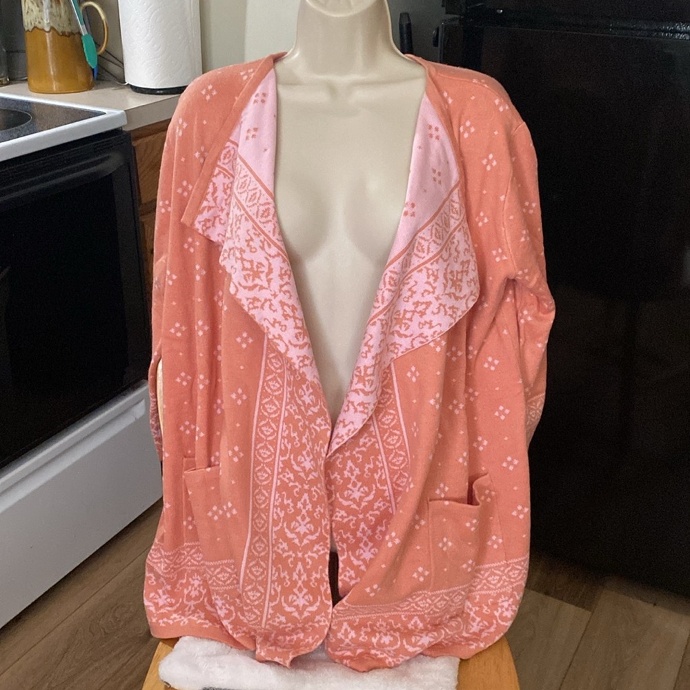 Isaac Mizrahi NWOT M PEACH-PINK OPEN SWEATER KIMONO 3/4 SLEEVE POCKETS